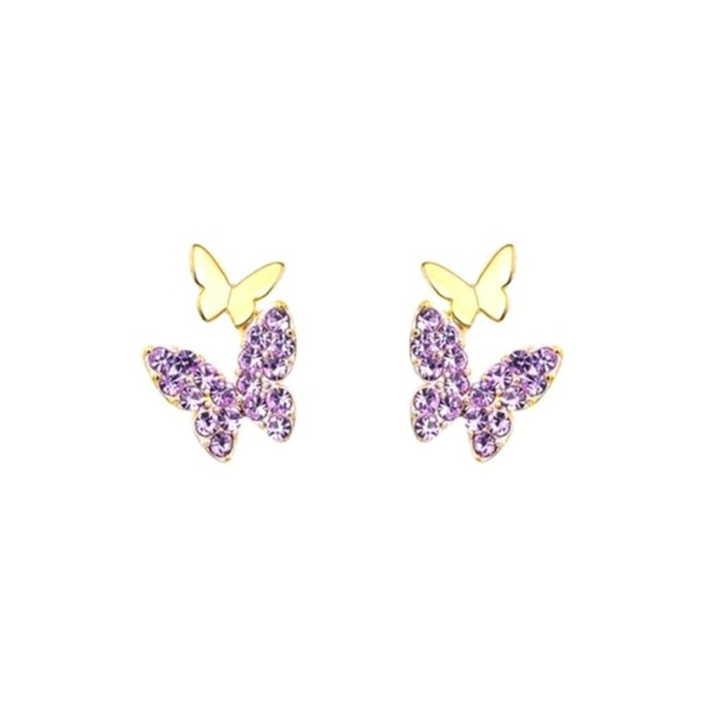 Adorable 18k Gold 925 Silver Purple CZ Butterfly Studs